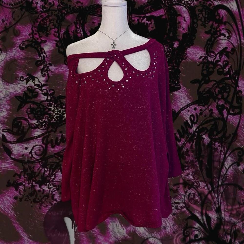 open keyhole embellished neckline cutouts super glittery red glam pop blouse top